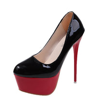 Load image into Gallery viewer, Red and black platform pumps side view