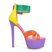 Load image into Gallery viewer, Colorful high-heeled sandal with a platform on a white background