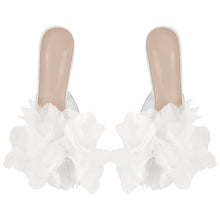 Load image into Gallery viewer, White ruffled slide sandals on a white background