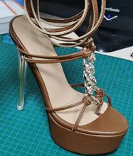 Load image into Gallery viewer, Side view brown high heel sandals