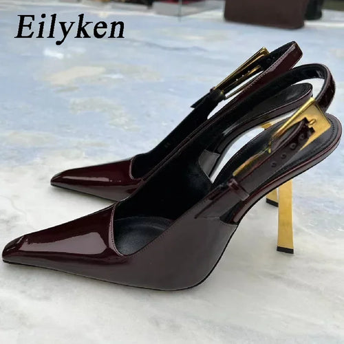 Pair of high-heeled shoes with gold accents on a light background, branded 'Eilyken'.