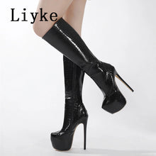 Load image into Gallery viewer, Black high-heeled knee-high boots on a white background with 'Liyke' branding.