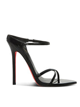 Load image into Gallery viewer, Black high-heeled sandal with a red sole on a white background