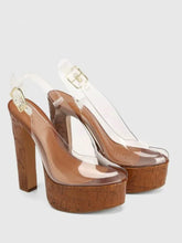 Load image into Gallery viewer, Brown platform heels with clear straps on a white background