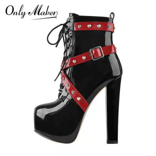 Black high-heeled boot with red straps and studded details on a white background, branded 'Only Maker'.