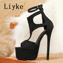 Load image into Gallery viewer, Black high-heeled sandal with platform on a soft surface, branded 'Liyke'.