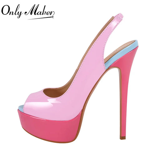 Pink high-heeled shoe with a platform on a white background, featuring the brand 'Only Maker'.