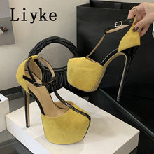 Load image into Gallery viewer, Yellow high-heeled shoes with black straps on a white platform, brand &#39;Liyke&#39; visible.