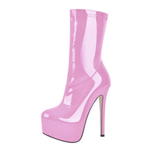 Load image into Gallery viewer, Pink high-heeled platform boot on a white background