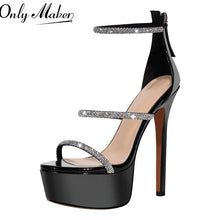 Load image into Gallery viewer, Black high-heeled sandal with glittery straps on a white background, featuring &#39;Only Maben&#39; branding.