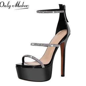 Black high-heeled sandal with glittery straps on a white background, featuring 'Only Maben' branding.