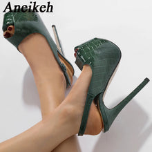 Load image into Gallery viewer, Green high-heeled shoes worn by a person on a white background, with &#39;Aneikeh&#39; branding.