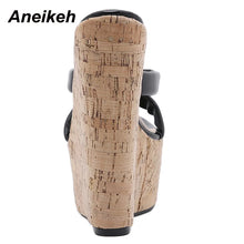Load image into Gallery viewer, Cork wedge sandals with &#39;Aneikeh&#39; branding on a white background