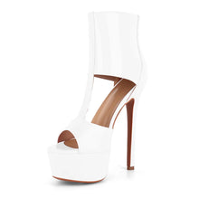Load image into Gallery viewer, White high-heeled shoe with brown accents on a white background
