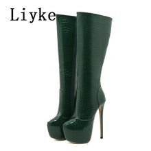 Load image into Gallery viewer, Green knee-high boots with high heels on a white background, branded 'Liyke'.