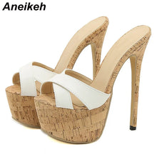 Load image into Gallery viewer, High-heeled sandals with cork sole and white strap on a white background, brand &#39;Aneikeh&#39; visible.