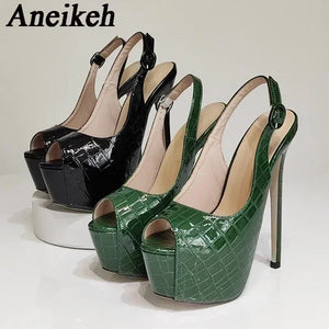 Green and black high-heeled shoes on a white background with 'Aneikeh' branding.