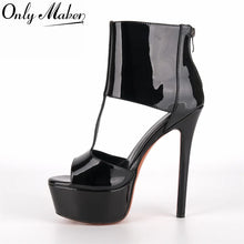 Load image into Gallery viewer, Black high-heeled platform shoe with 'Only Maker' branding on a white background