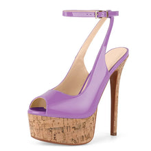 Load image into Gallery viewer, Purple high-heeled sandal with cork platform on a white background