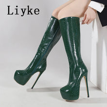 Load image into Gallery viewer, Green high-heeled boots with platform sole on a white background, featuring the brand 'Liyke'.
