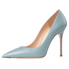 Load image into Gallery viewer, A single light blue pointed-toe stiletto pump with a tan interior lining, shown from a side profile on a plain white background.
