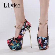 Load image into Gallery viewer, Colorful floral high-heeled shoes with &#39;Liyke&#39; branding on a light background