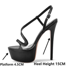 Load image into Gallery viewer, Black high-heeled sandal with platform and heel height measurements indicated.