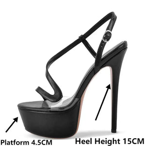 Black high-heeled sandal with platform and heel height measurements indicated.