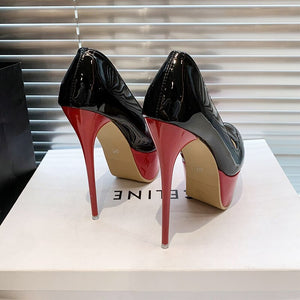 Rear view black and red platform pumps