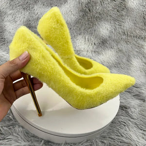 Yellow plush stiletto high heels for sale