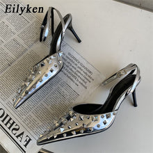 Load image into Gallery viewer, Top view silver high heel pumps