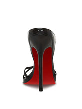Load image into Gallery viewer, Black high-heeled shoe with red sole on a white background