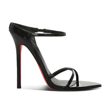 Load image into Gallery viewer, Black high-heeled sandal with a red sole on a white background