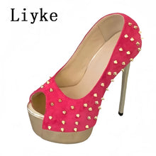 Load image into Gallery viewer, Pink high-heeled shoe with gold studs on a white background, featuring the brand &#39;Liyke&#39;.