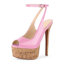 Load image into Gallery viewer, Pink high-heeled shoe with cork platform on a white background