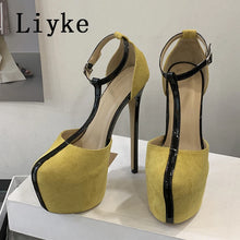 Load image into Gallery viewer, Yellow high-heeled shoes with black accents on a white platform, branded &#39;Liyke&#39;.
