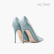 Load image into Gallery viewer, A pair of HLTINO light blue leather high-heeled pumps with beige insoles, shown from a three-quarters angle on a light gray background.