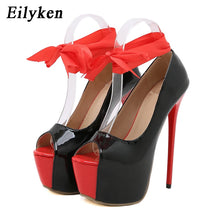 Load image into Gallery viewer, Black and red high heels front view