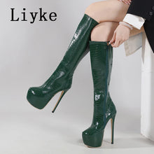Load image into Gallery viewer, Green high-heeled platform boots worn by a person on a light gray background, with 'Liyke' branding.