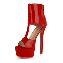 Load image into Gallery viewer, Red high-heeled platform shoe on a white background