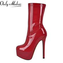 Load image into Gallery viewer, Red high-heeled platform boot on a white background with &#39;Only Maker&#39; branding.