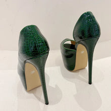 Load image into Gallery viewer, Green high-heeled shoes with a textured finish on a white background