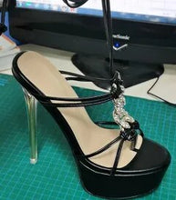 Load image into Gallery viewer, Side view black high heel sandals