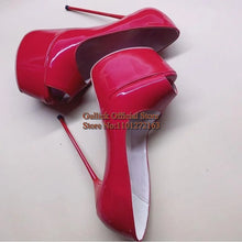 Load image into Gallery viewer, Pair of red high-heeled shoes on a light gray background with &#39;Gulick Official Store&#39; branding.