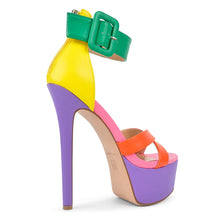 Load image into Gallery viewer, Colorful high-heeled shoe with a green buckle on a white background