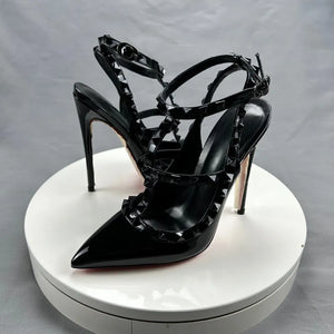 Side view of black sling back high heels for sale