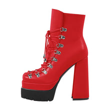 Load image into Gallery viewer, Red platform boot with black sole on a white background