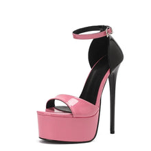 Load image into Gallery viewer, Pink high-heeled platform sandal with black sole on a white background