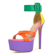 Load image into Gallery viewer, Multicolored high-heeled shoe with a green buckle on a white background