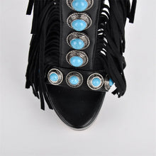 Load image into Gallery viewer, Black sandal with turquoise stone embellishments on a white background